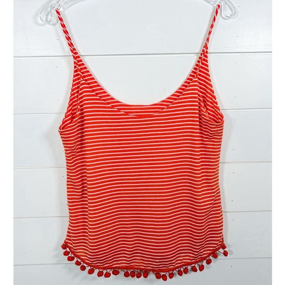 Lucy Love Women's Striped Sleeveless Pom Pom Hem Tank Top Red White Size Small
